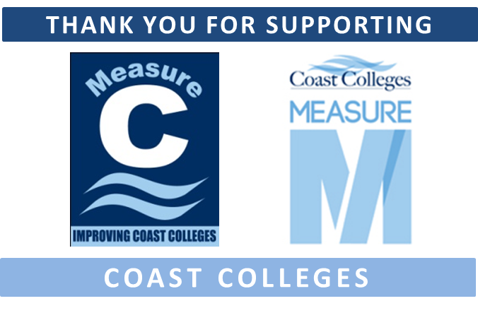 Blue graphic, waves under text measure C and above text Measure M, with improving Coast Colleges under the C, combining to say thank you for supporting Measure C and Measure M at Coast Colleges